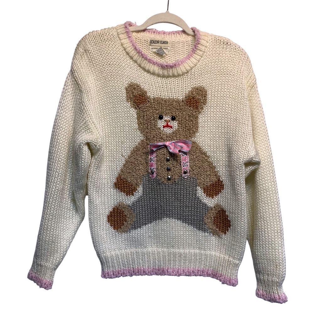 VTG 80s Twee Womens Cute Knitted Teddy Bear Sweater Whimiscal Small Soft Girl